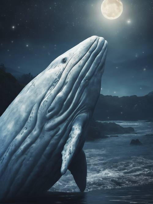 Gambar close-up paus putih langka, memancarkan keindahan alam langka di bawah sinar bulan.