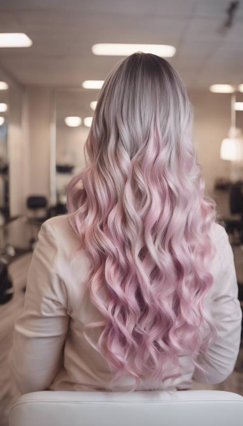 A hair salon filled with professionals working on beautiful pastel ombre hairstyles. Tapet [92378774869d43898b2b]