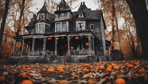 A welcomingly eerie haunted house decorated with cheerful Halloween decor. Tapet [95aa2b62bade47b0a99d]