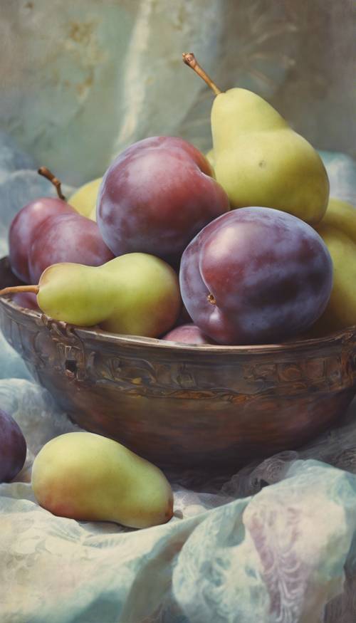 A retro still life painting of plums and pears, in soft pastel colors.