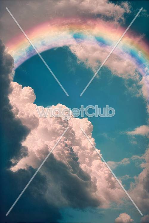 Colorido arco iris sobre nubes esponjosas