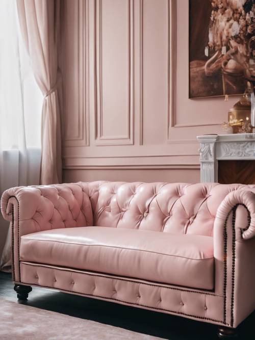 Sofá chesterfield de couro rosa suave em um apartamento luxuoso na parte alta da cidade.