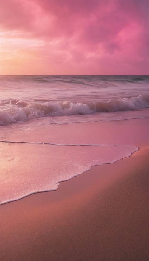 A pink rainbow over a serene beach during sunset.