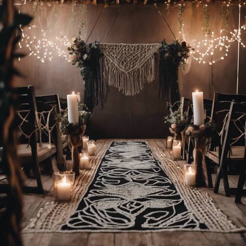 Pasillo de boda boho de temática oscura con caminos de macramé negros y elementos de madera rústica.