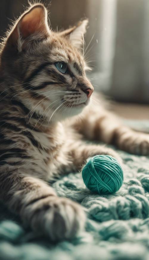 一隻頑皮的小貓，帶著青色牛印花的毛線球。