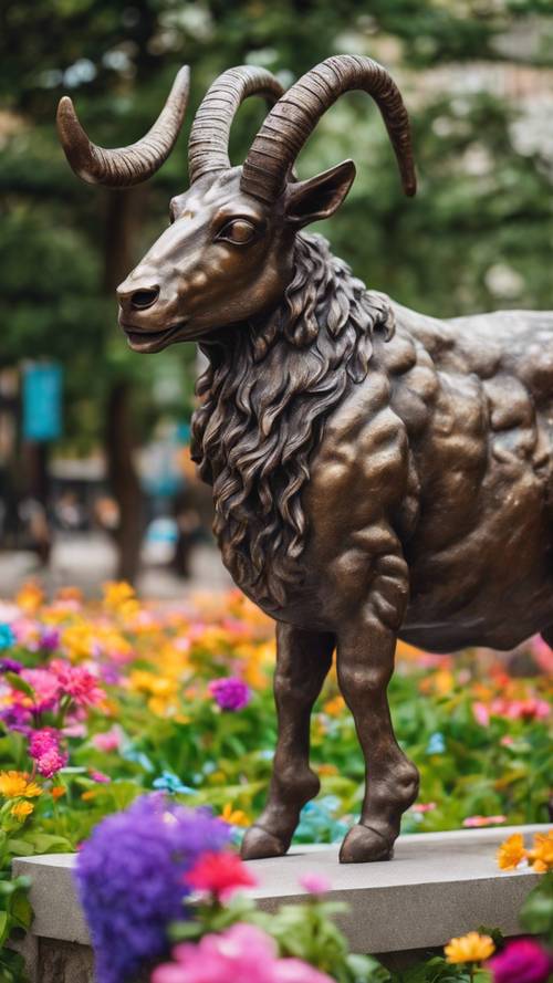 Une statue en bronze détaillée d&#39;un Capricorne dans un parc urbain animé, entourée de fleurs colorées.