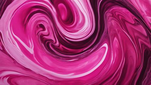 Ein abstrakter Wirbel aus dunklen Rosa-, Fuchsia- und Magentatönen, die in einem flüssigen Farbgusskunstwerk miteinander verschmelzen.
