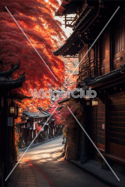 Autumn in Japan: Traditional Streets with Glowing Red Leaves
