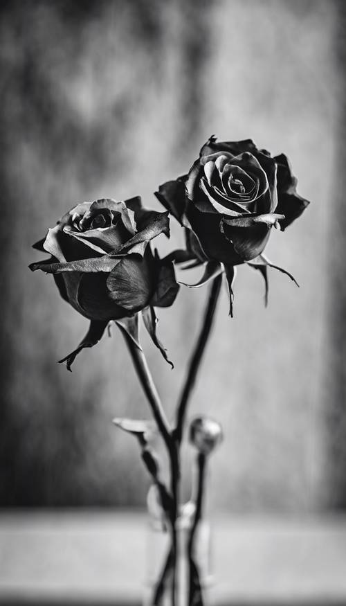 A pair of wilted roses in black and white, symbolizing the despair found in a relationship where depression has taken hold. Tapeta [186f8701f1304b1f8314]