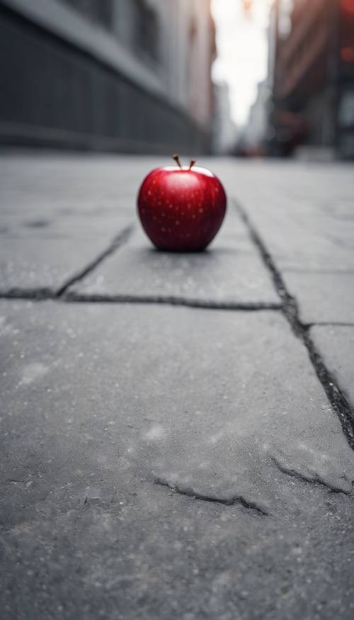 Uma maçã vermelha brilhante fica em uma calçada urbana cinza.