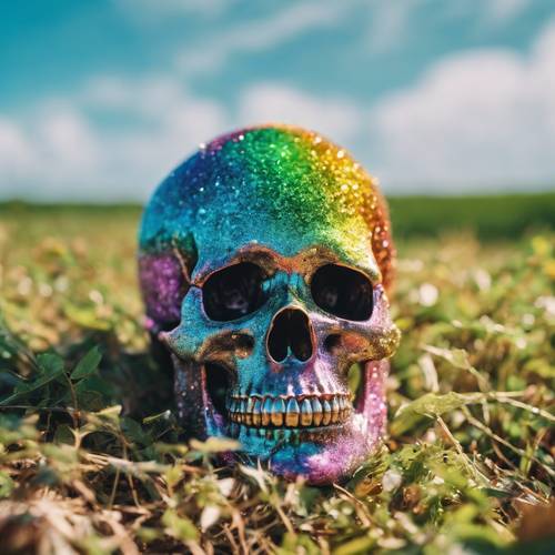 Ein Totenkopf in Regenbogen-Glitzer auf einem hellen, grünen Feld unter einem wolkenlosen, blauen Himmel.