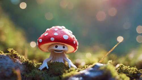 A fantasy image of a friendly, cute mushroom creature with a vibrant, dotted cap and a welcoming smile, waving hello.