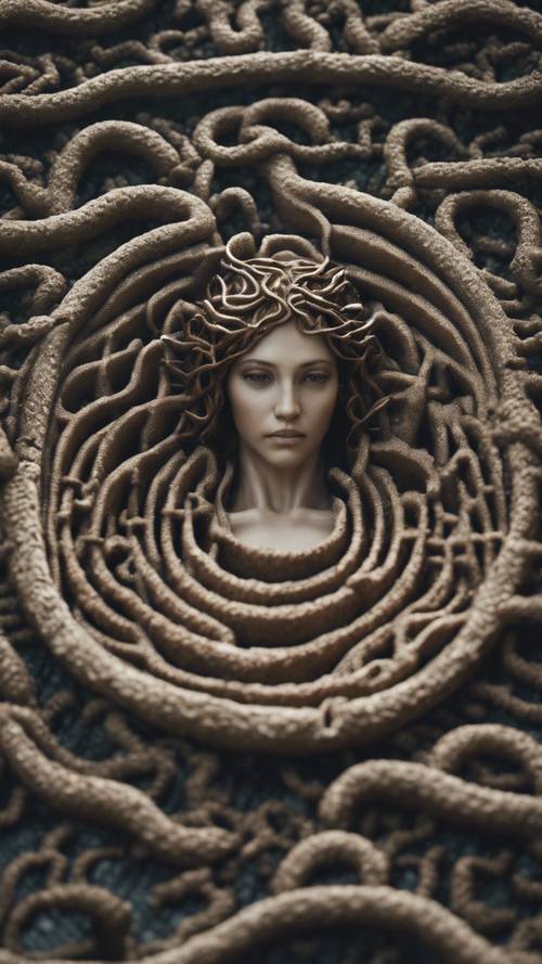 An image from above of Medusa weaving through a labyrinth in search of her prey. Tapet [8dd972d49bcc4dc0ab8d]