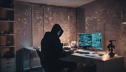 Skoncentrowany haker w eleganckim, minimalistycznym mieszkaniu, pracujący do późna w nocy otoczony papierem zaśmieconym kodem.