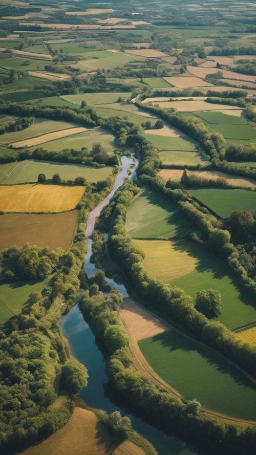 Una veduta aerea di un paesaggio di campagna francese che rivela terreni agricoli patchwork, villaggi pittoreschi e fiumi tortuosi.