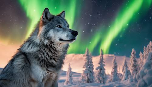 Serigala perak di bawah Cahaya Utara, posturnya yang mencolok terlihat seperti siluet di balik tampilan magis.
