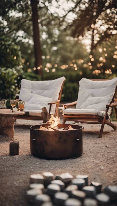 Modern rustic outdoor space with lounge chair and fire pit. Tapeta [3193ed594a65430fb4d4]