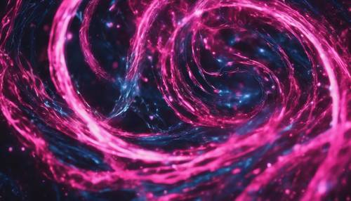 Galaksi berputar-putar dengan warna merah jambu neon dan biru tengah malam.