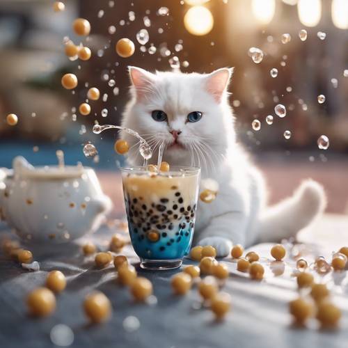 A cute white cat playfully batting at boba tea bubbles spilling out from the cup.