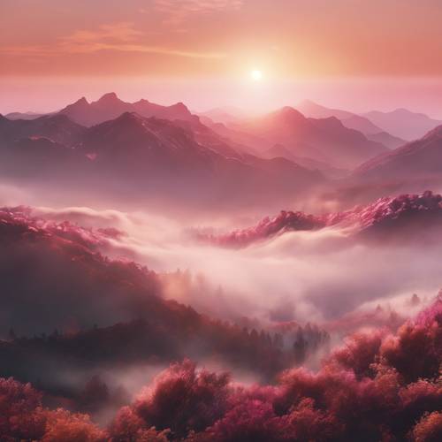 Um nascer do sol sonhador sobre as montanhas enevoadas, com rosas e dourados fundindo-se.