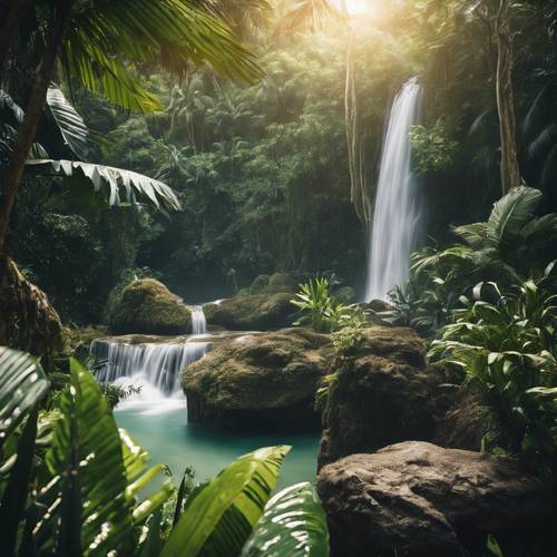 豊かな熱帯楽園の中心にある手つかずの滝