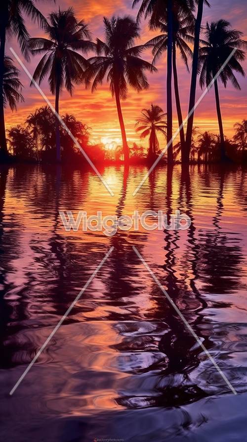 熱帯の夕日が水面に映る壁紙
