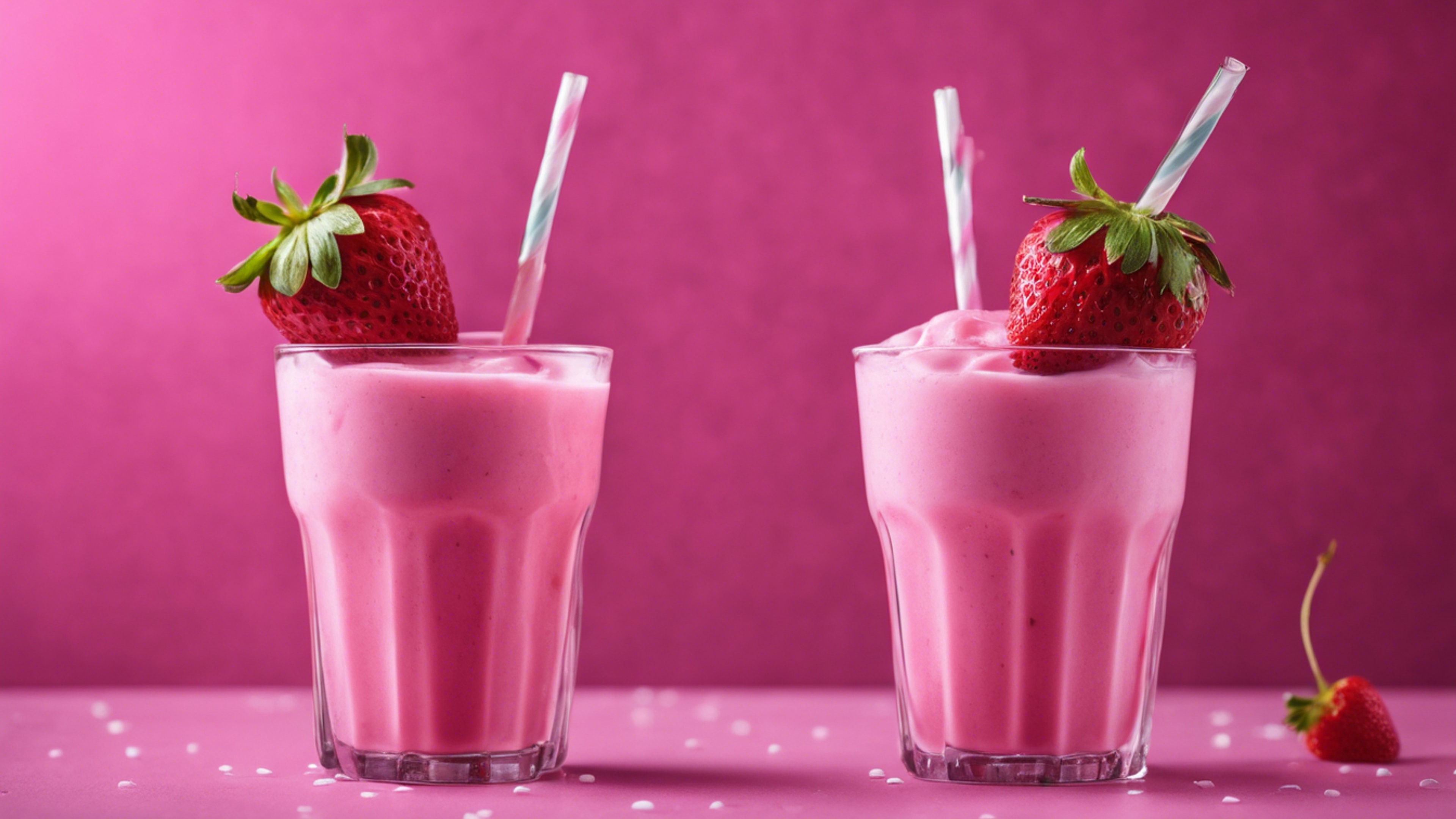 Two glasses filled with bright pink strawberry milkshake garnished with straws and cherries. Divar kağızı[367e513037cf4f879d8a]