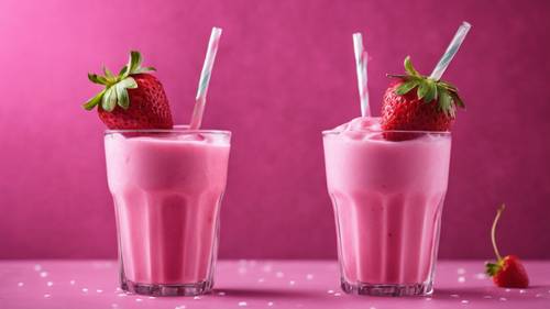 Two glasses filled with bright pink strawberry milkshake garnished with straws and cherries.