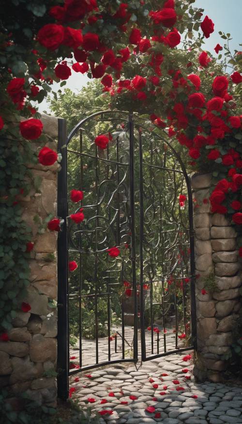 Um portão de jardim secreto envolto por uma exuberante roseira trepadeira, com pétalas vermelhas caindo sobre paralelepípedos.