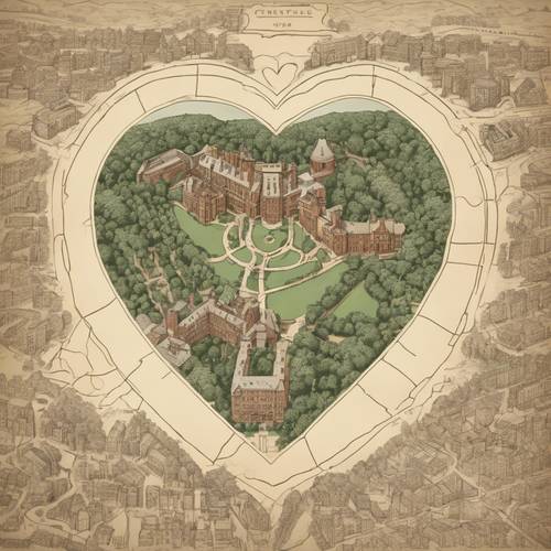 Eine adrette Herzform, umrissen in einem altmodischen Plan eines Ivy-League-Campus.