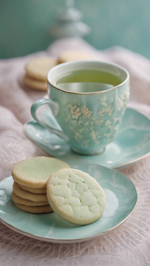 صورة مقربة لشاي أخضر فاتح في كوب خزفي رقيق، يقدم مع كعكة خفيفة من السكر على مفرش طاولة أزرق فاتح.