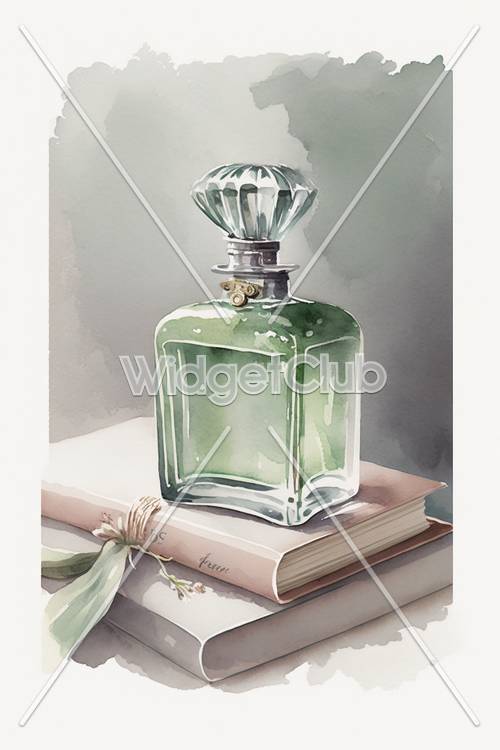 Frasco de perfume verde em livros de arte