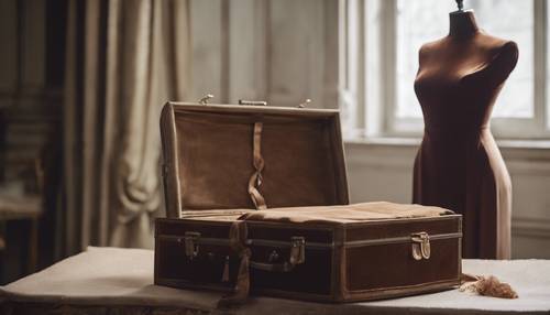 근처에 오래된 모자 상자가 있는 프랑스 마네킹 위에 놓인 빈티지 갈색 벨벳 가운