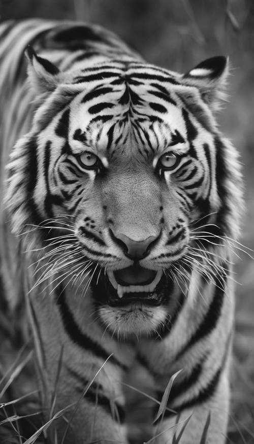 A fierce black and white striped tiger, eyes filled with intensity, roaring in the savannah.