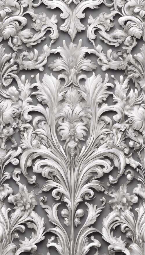 Modello senza cuciture dall&#39;intricato design damascato bianco e argento, che riflette l&#39;eleganza dell&#39;epoca barocca.