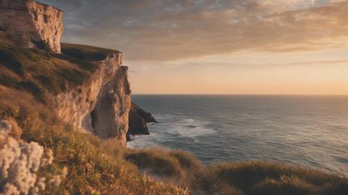 Une scène paisible d&#39;une falaise surplombant la mer au coucher du soleil, avec la citation « Donnez une chance à la paix » suspendue dans la brise chaude.