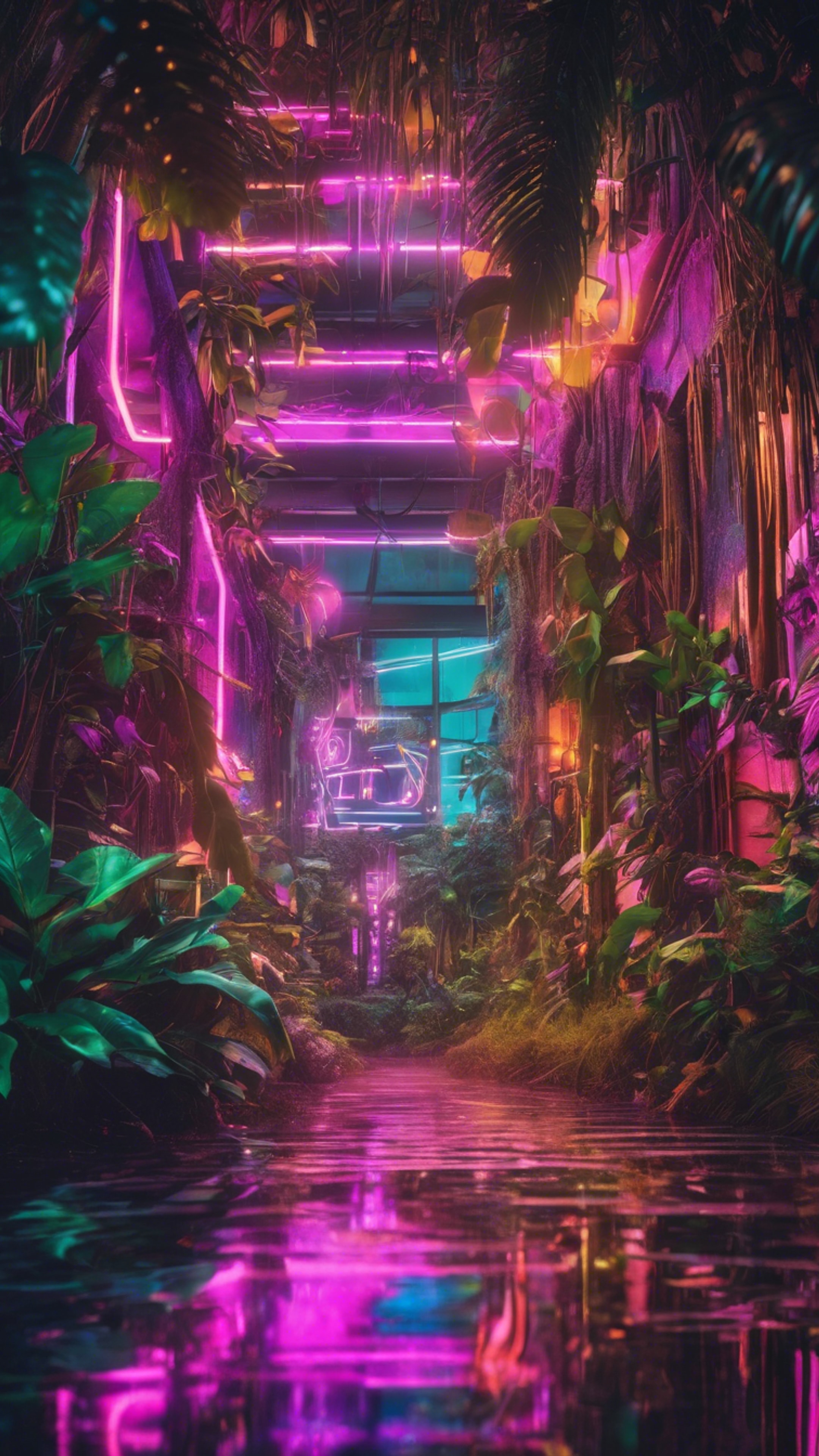 A vibrant neon city hidden deep within a jungle, a mix of nature and tech. Tapeta[0d251fec08bc49d6a8fd]