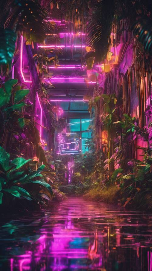 Tętniące życiem neonowe miasto ukryte głęboko w dżungli, połączenie natury i technologii. Tapeta [0d251fec08bc49d6a8fd]