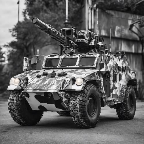 Vehículo militar de camuflaje futurista en blanco y negro. 