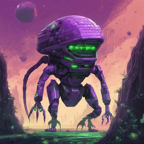 A purple and green pixelated alien invader from a classic space shooter game.