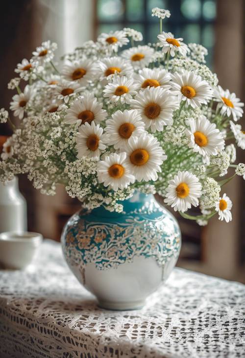 An antique vase filled with vibrant daisies and bright white baby's breath on a Victorian lace tablecloth.