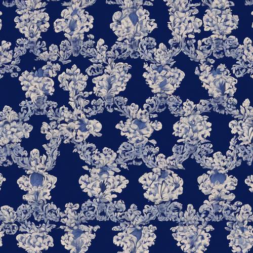 Cetakan damask tebal yang berfokus pada motif bunga ara dengan latar belakang biru royal.