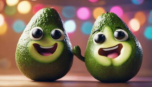 Simpatica coppia di avocado kawaii che ballano felici a un ballo.