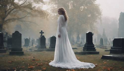 Opuszczona dziewczyna w zwiewnej białej sukni wędrująca po zamglonym cmentarzu.