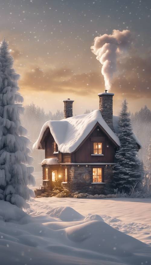 A charming Christmas Eve scene of a cozy cottage nestled in a snow-covered landscape, with smoke billowing from the chimney and warm light emanating from the windows.