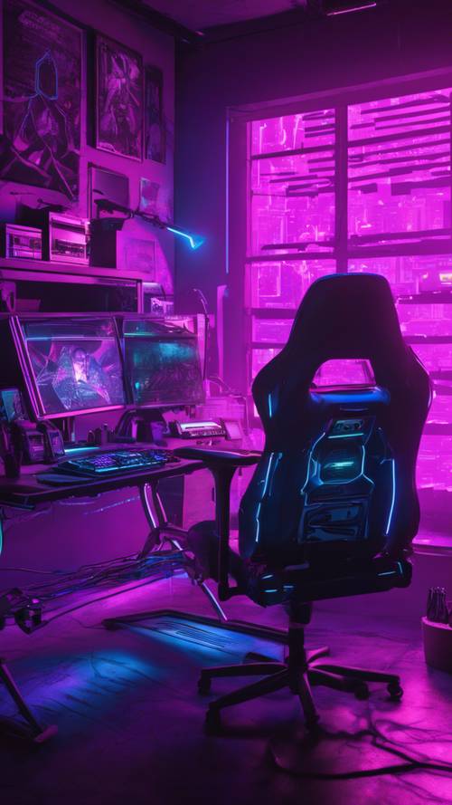Una moderna sala da gioco illuminata da luci neon viola, che mostra un&#39;avanzata configurazione di gioco su un&#39;elegante scrivania.