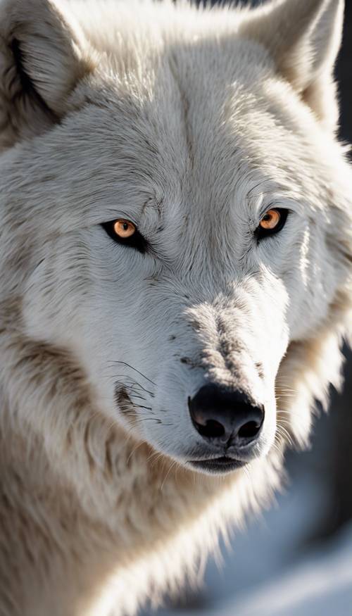 Una imagen en primer plano que detalla la mirada feroz de un lobo blanco.