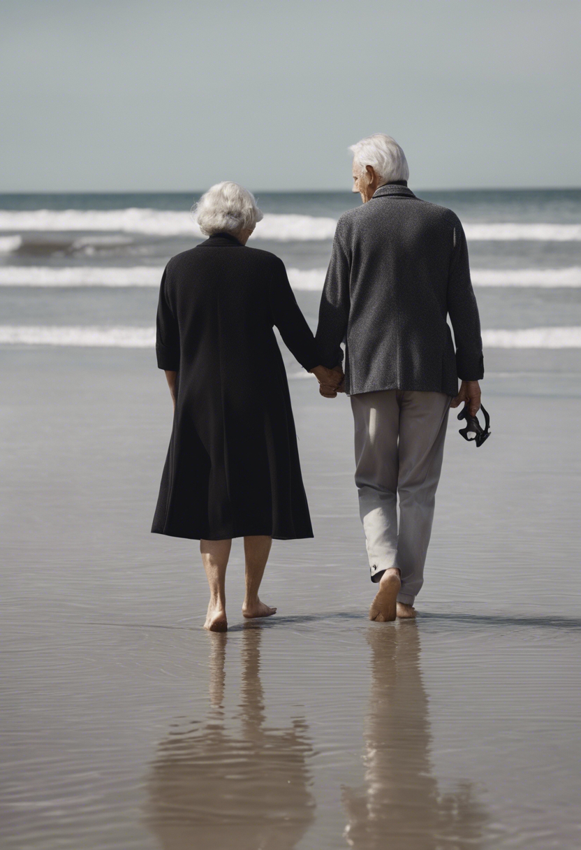 An elderly couple wearing matching black and gray outfits, walking hand in hand on a beach