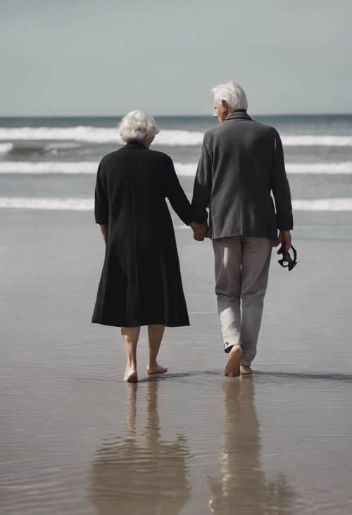 An elderly couple wearing matching black and gray outfits, walking hand in hand on a beach".