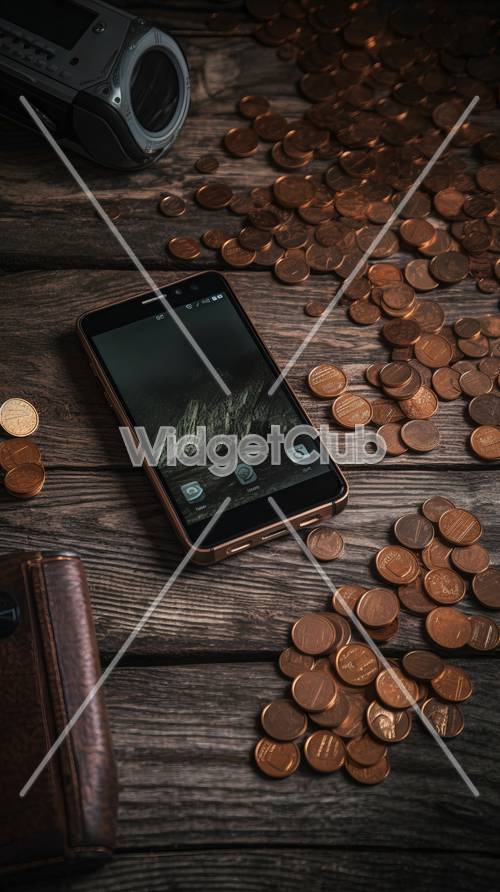 智慧型手機螢幕上的山景被硬幣和錢包包圍